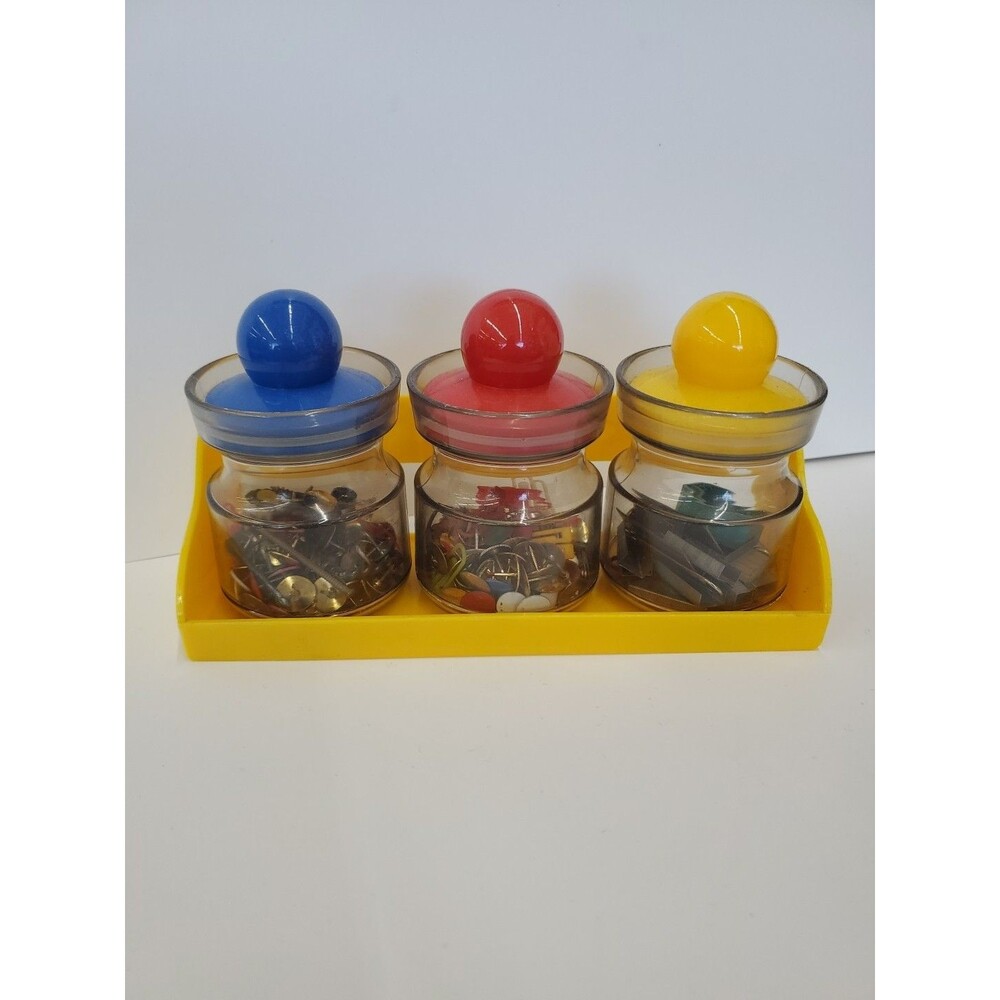 Vntg. MCM Desk Set -‎ Plastic Primary Color Jars W/Yellow Rack (GenX) Office/Fun